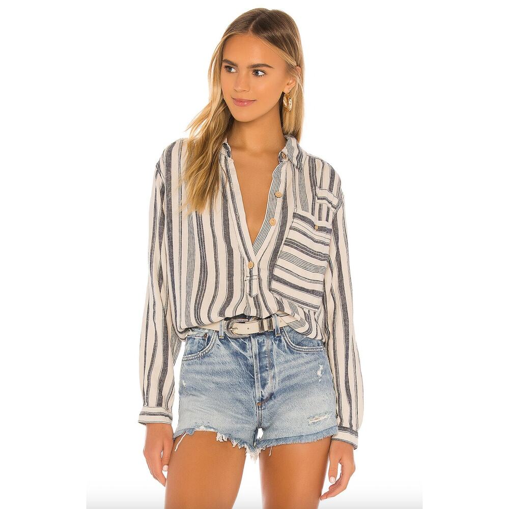 We the Free People Summer Breeze Blue Stripe Linen Tunic Popover Top M Medium